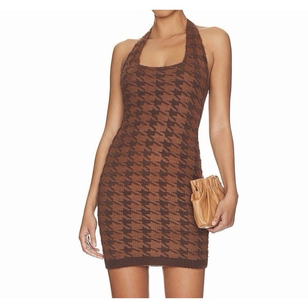 Superdown Brown Houndstooth Knit Halter Mini‎ Dress Womens Size M Bodycon